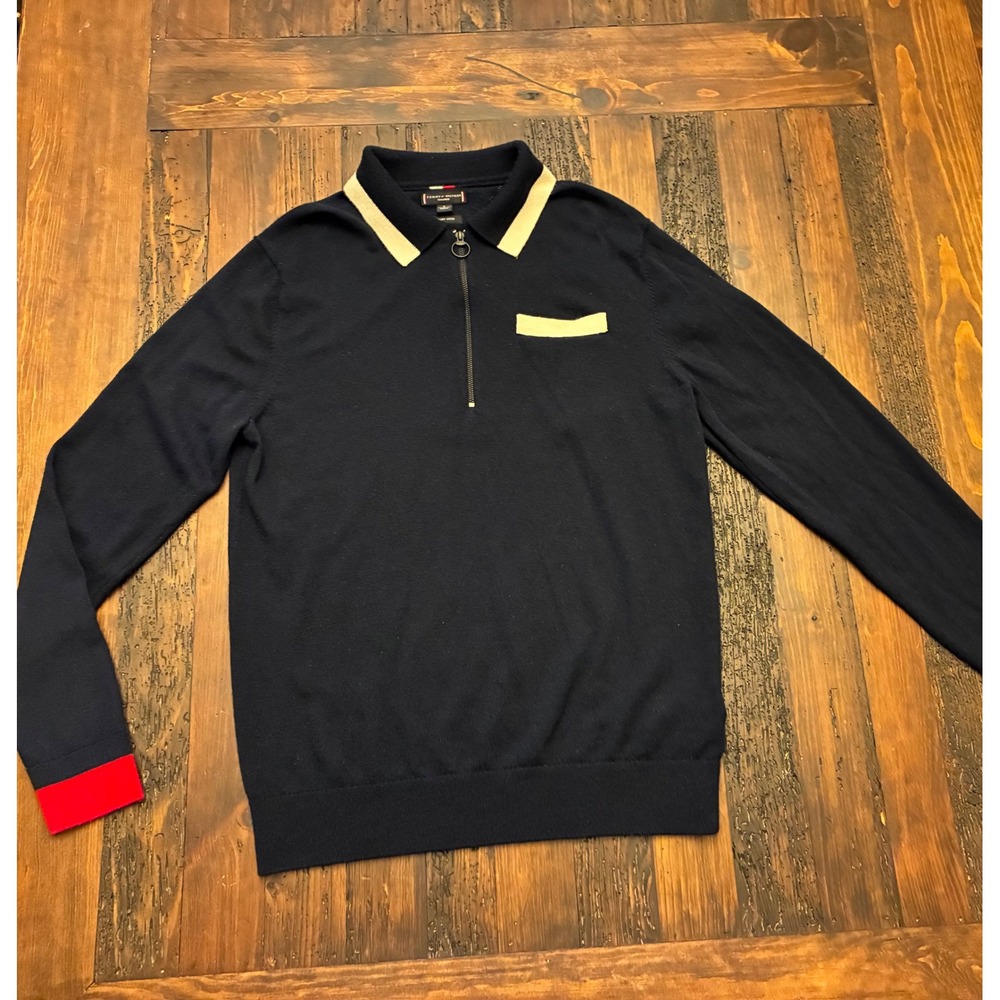 Tommy Hilfiger Wool Sweater 3/4 Zip Preppy Luxury Men's Size Large Tailored